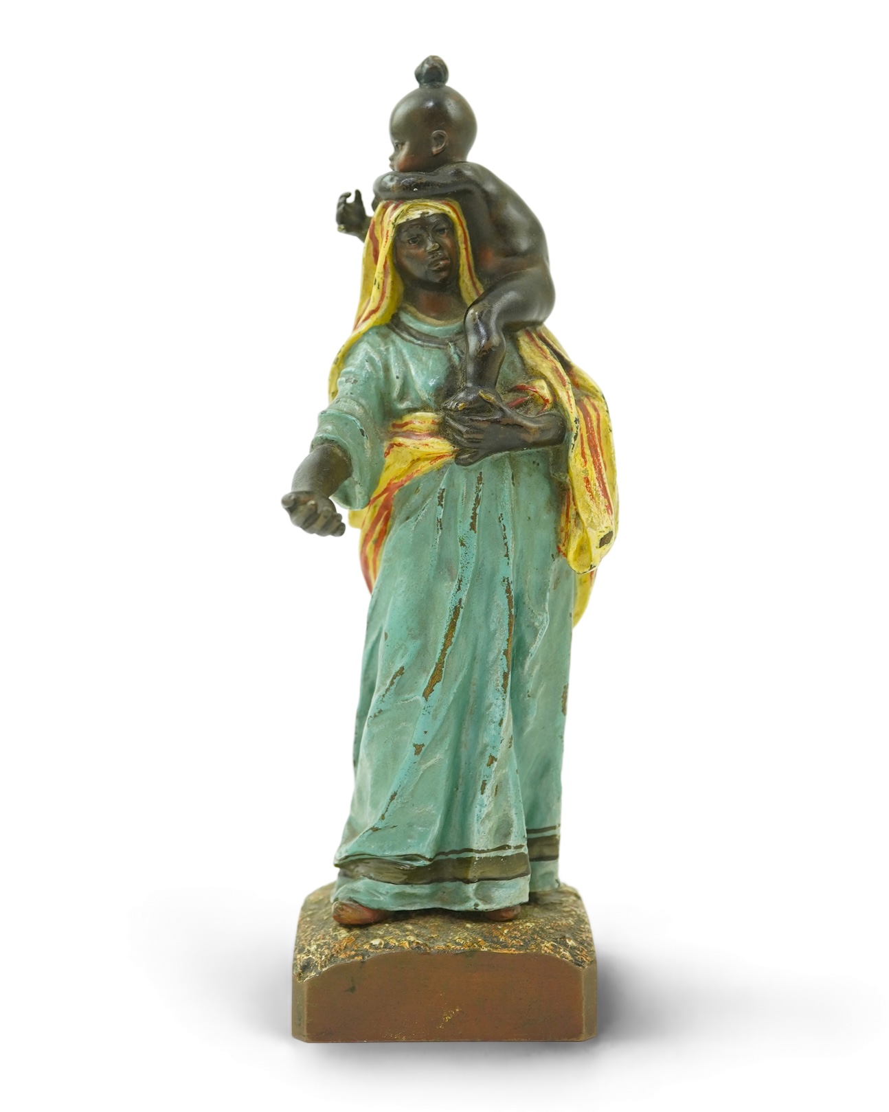 Franz Xavier Bergman (Austrian, 1861-1936). A Viennese cold painted bronze figure of a Moorish female beggar and child
